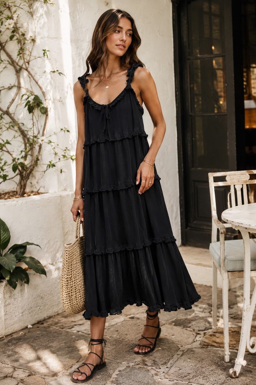 J. Crew Classic Minimalist Black Cotton Ruffle Tiered Mid Dress Size XL